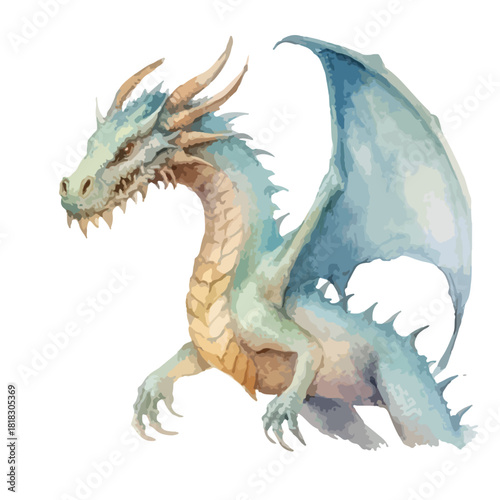 Watercolor Dragon with Horns and Spiked Chin Blue and Tan Scales