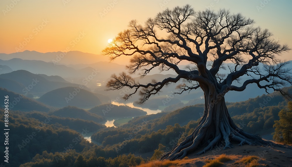 Naklejka premium Sunset over winding river and mountain range with solitary bare tree in foreground