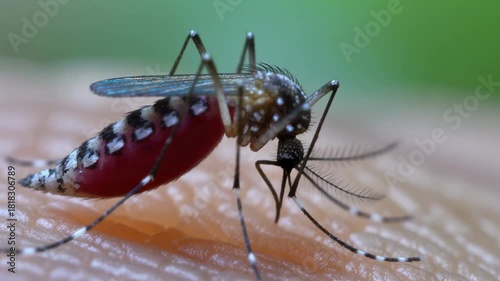Macro animation of a mosquito feeding on skin, showing detailed proboscis penetration.