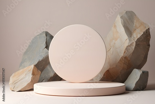 Minimalist display stage with natural stone elements