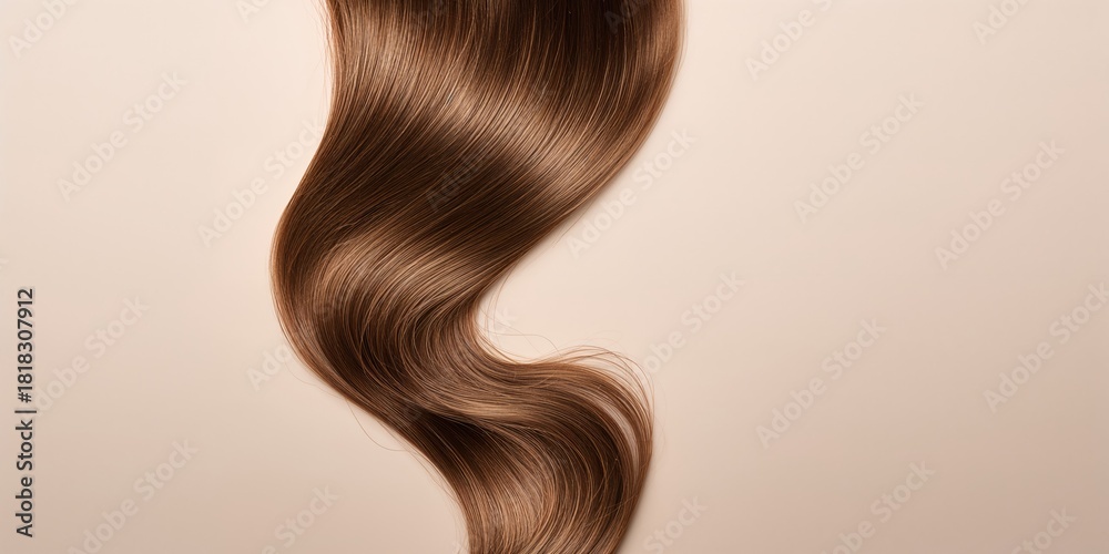 Fototapeta premium A lock of brown wavy hair on color background, emphasizing hair care styling techniques