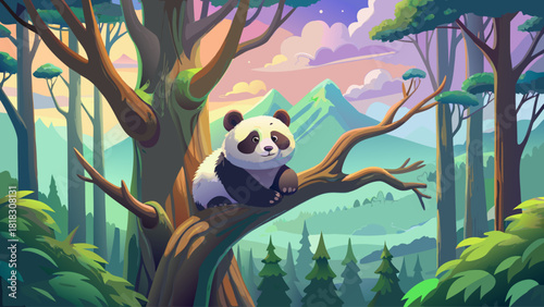 Adorable panda curled up on a high tree limb in a misty Chinese forest, calm and serene wildlife moment in Sichuan