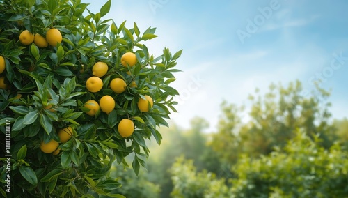 Lemon tree laden with ripe yellow lemons, emphasizing seasonal fruit harvest, Earth Day