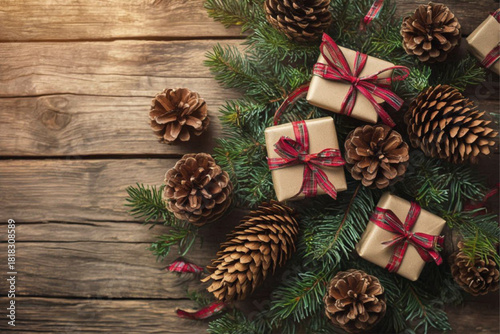 Pine cones with fir branches and Christmas gift boxes on wooden background, christmas, decoration, tree, holiday, xmas, gift, branch, celebration, ornament, winter, green, season, ball, fir, pine, pre