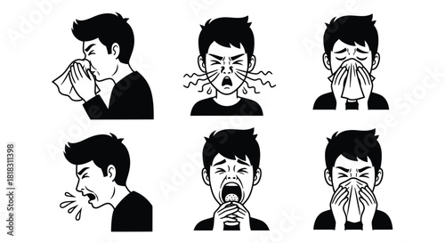 Flu season concept art shows man with sickness, allergy symptoms