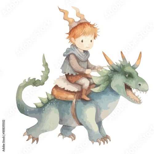Watercolor Illustration of a Boy Riding a Friendly Dragon with Horns