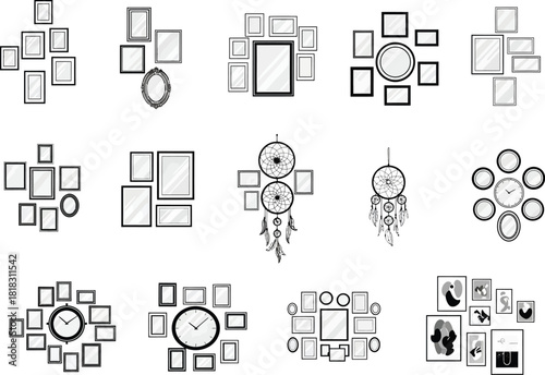 Collection of diverse wall art arrangements featuring clocks and picture frames in various layouts