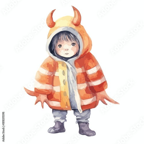 Watercolor Illustration of a Child Dressed in a Striped Devil Costume with Horns