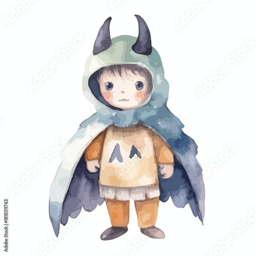 Watercolor Illustration of a Child in a Horned Hooded Costume with Cape