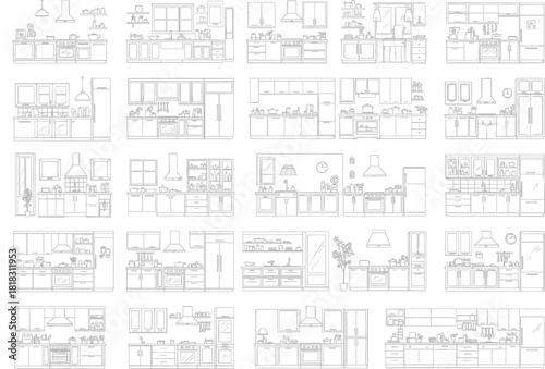 Collection of hand drawn architectural floor plans and interior design sketches showing furniture layouts