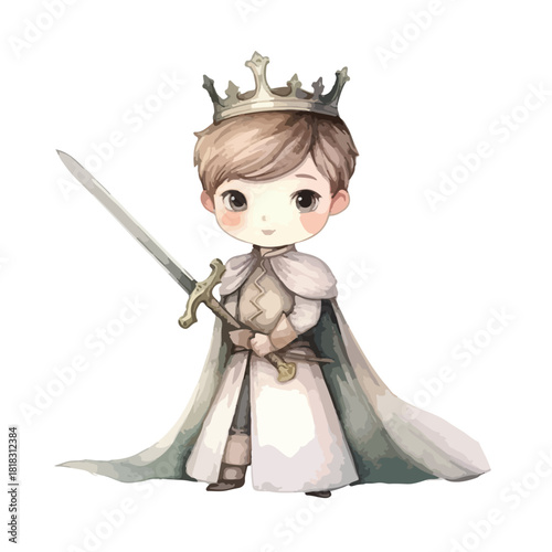 Watercolor Illustration of a Young King with Crown and Sword