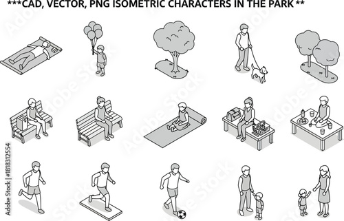 Collection of black and white isometric vector characters engaged in various park activities for design projects
