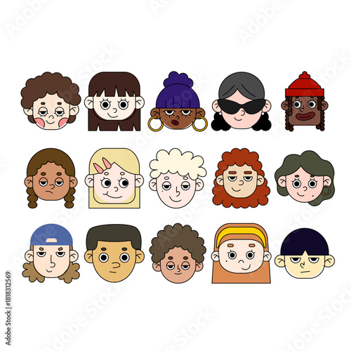 Diverse youth character avatars and facial expressions. Modern flat doodle people icons for social media profiles, community branding, and creative storytelling projects.