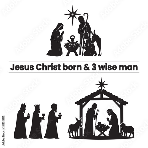 Jesus Christ born, 3 wise man on black icon silhouette
