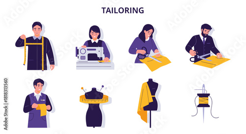 Eight illustrations depicting tailoring tools and professionals engaged in sewing tasks