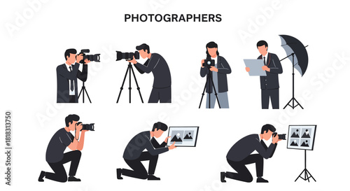 Illustration featuring eight distinct male and female photographers with various camera equipment
