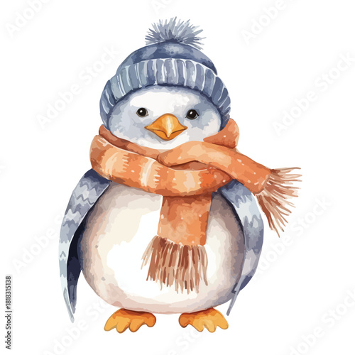 Watercolor Penguin with Blue Hat and Orange Scarf Front View