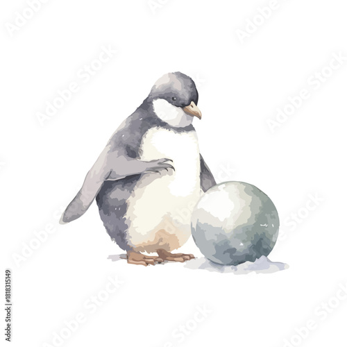 Watercolor Penguin with Icy Sphere A Pensive Antarctic Scene