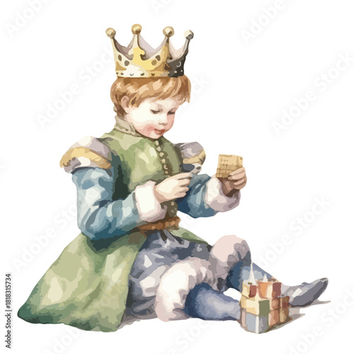 Watercolor Prince with Crown Inspecting Building Blocks with Focused Attention