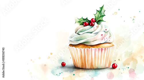 Watercolor Christmas cupcake with frosting holly decoration and soft pastels floating on bright white background adding sweet festive joy