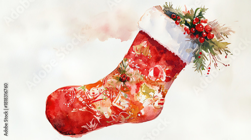 Watercolor Christmas stocking with warm red tones soft folds and decorative patterns resting on a white background evoking cozy festive memories