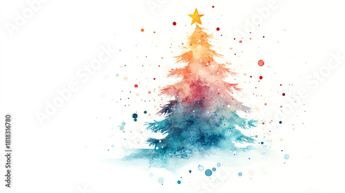 Watercolor Christmas tree silhouette with soft washes gentle transitions and small decorative dots floating on white background for modern holiday style