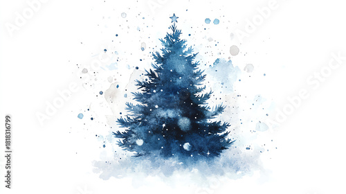 Watercolor Christmas tree silhouette with soft washes gentle transitions and small decorative dots floating on white background for modern holiday style