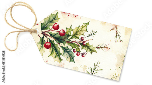 Watercolor gift tag with soft beige tones light holly decoration and gentle textures isolated on white backdrop perfect for warm holiday messages