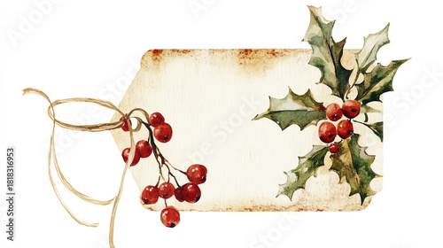 Watercolor gift tag with soft beige tones light holly decoration and gentle textures isolated on white backdrop perfect for warm holiday messages