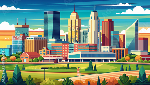 Very beautiful view of the Oklahoma City skyline, showcasing modern high-rise buildings, clean architectural lines, and a bright urban atmosphere under clear daylight.