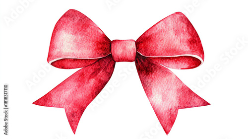Watercolor red ribbon bow with smooth shading and soft festive glow isolated on white background adding a cheerful decorative holiday touch