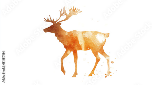 Watercolor reindeer silhouette with warm brown washes delicate details and soft blending floating on a bright white background adding whimsical charm