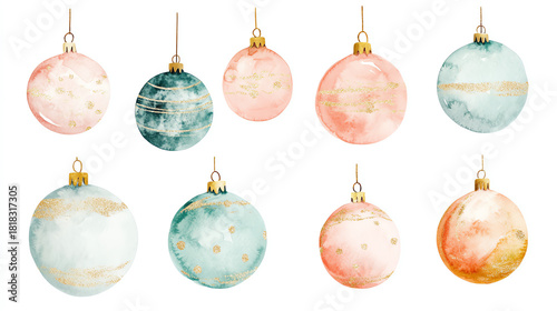 Whimsical watercolor ornaments in soft pastel hues with subtle gold accents floating gently on a pure white background adding playful yet refined holiday charm