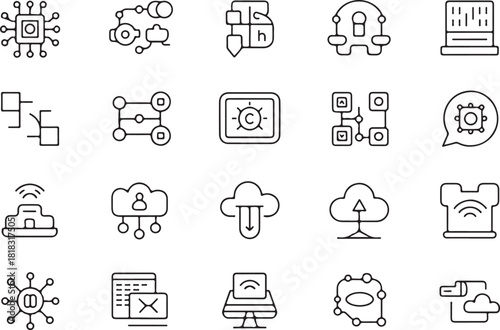 Collection of thin line icons representing technology and data