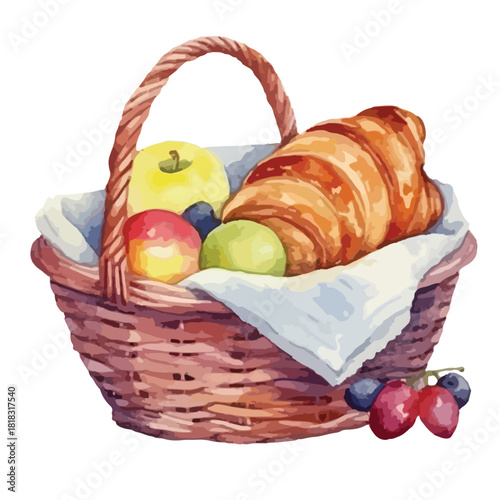 Woven picnic basket filled with a golden croissant apples plums and a white cloth