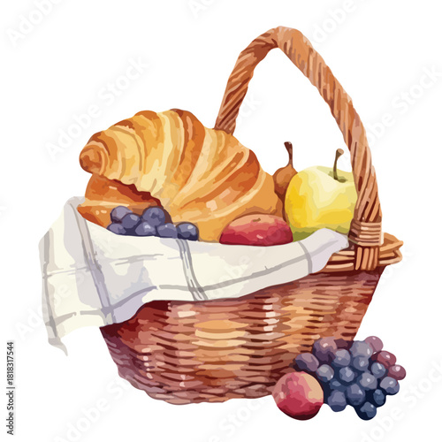 Woven picnic basket filled with croissants grapes apples and a striped cloth