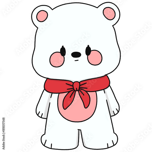 Cute White Bear Cartoon with Red Scarf - Line Color
