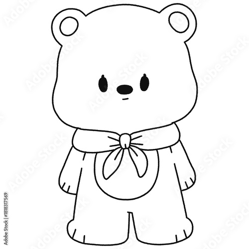 Cute White Bear Cartoon with Red Scarf - Outline