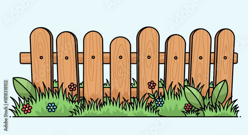 Charming Cartoon Fence with Flowers and Grass Illustration.