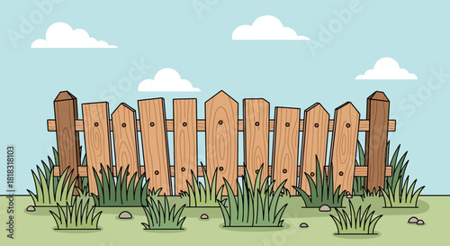 Wooden fence stands tall in a grassy field under a blue sky with clouds.