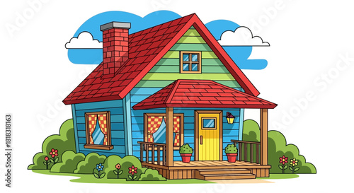 Charming colorful house with red roof and green bushes in front of it.