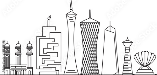 Doha qatar city skyline vector illustration with modern towers and traditional buildings