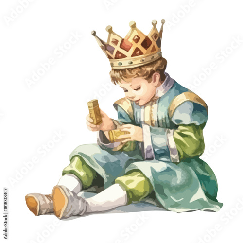 Young Prince with Golden Crown Playing with Small Golden Blocks