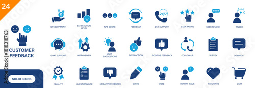 Customer feedback icon. Includes chat support, user review, satisfaction, rating, positive feedback. Solid vector icon set.