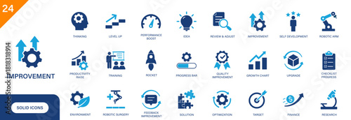 Improvement icon. Includes optimization, productivity raise, upgrade, solution, performance boost. Solid vector icon set.