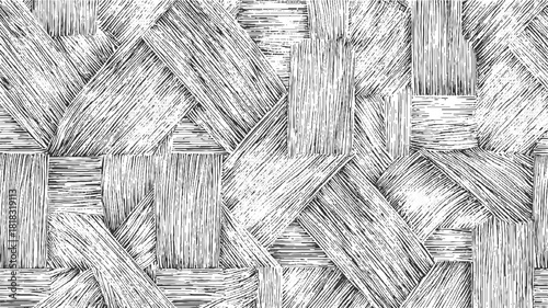 Black and white abstract geometric pattern with hand-drawn hatching texture background