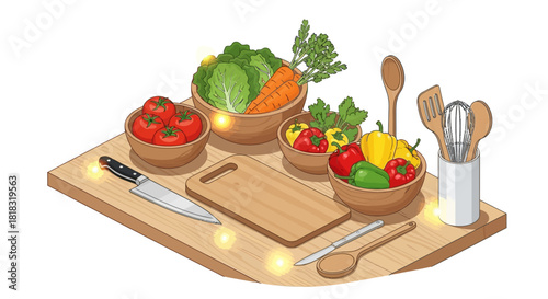 Vibrant fresh vegetables in wooden bowls with utensils, ready for delicious culinary creations, promoting healthy eating and joyful cooking experiences