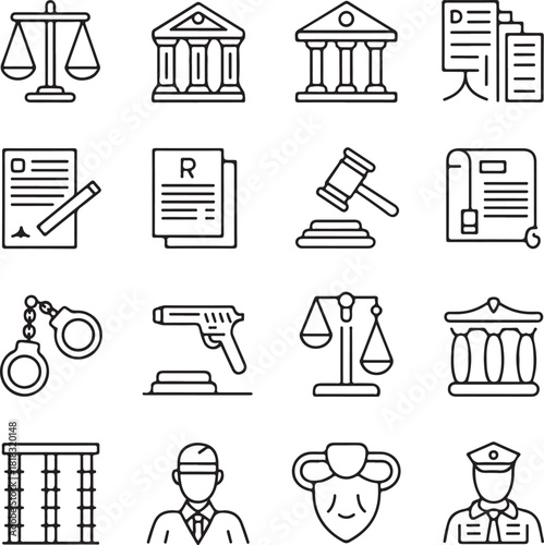 Legal justice and law enforcement icons court police