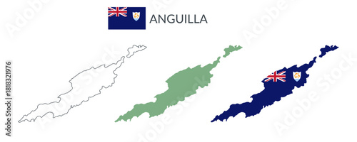 Anguilla geographical borders isolated on white background. Flag of Anguilla. Vector flat cliparts.