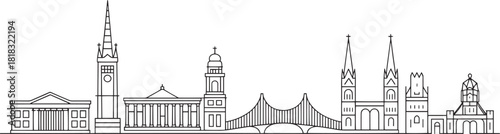 Stuttgart city skyline architectural panorama silhouette outline with famous historic buildings